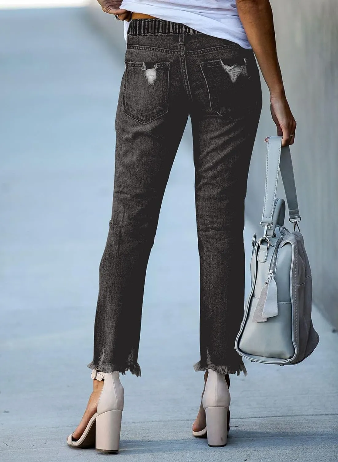 Sidefeel Women’s Cargo Jeans High Waisted Ripped Denim Joggers Elastic Drawstring Waist Pants Pull On Trousers