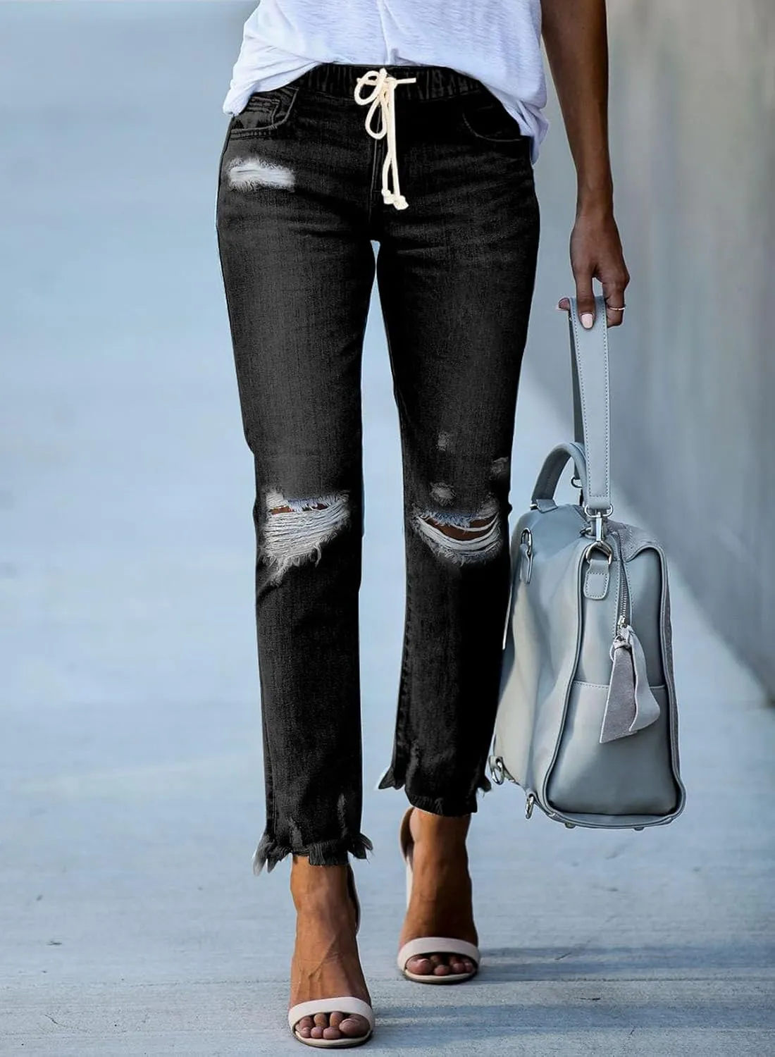 Sidefeel Women’s Cargo Jeans High Waisted Ripped Denim Joggers Elastic Drawstring Waist Pants Pull On Trousers