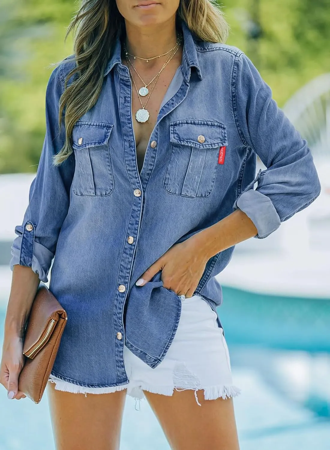 Sidefeel Women's Denim Tops Long Sleeve Shacket Jackets Button Down Collared Jean Shirt