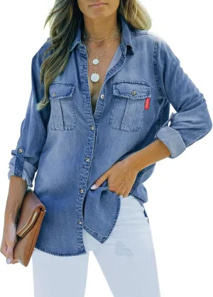 Sidefeel Women's Denim Tops Long Sleeve Shacket Jackets Button Down Collared Jean Shirt