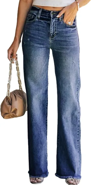 Sidefeel Women's Ripped High Waisted Flared Jeans Wide Leg Destroyed Denim Pants