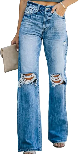 Sidefeel Women's Ripped High Waisted Flared Jeans Wide Leg Destroyed Denim Pants