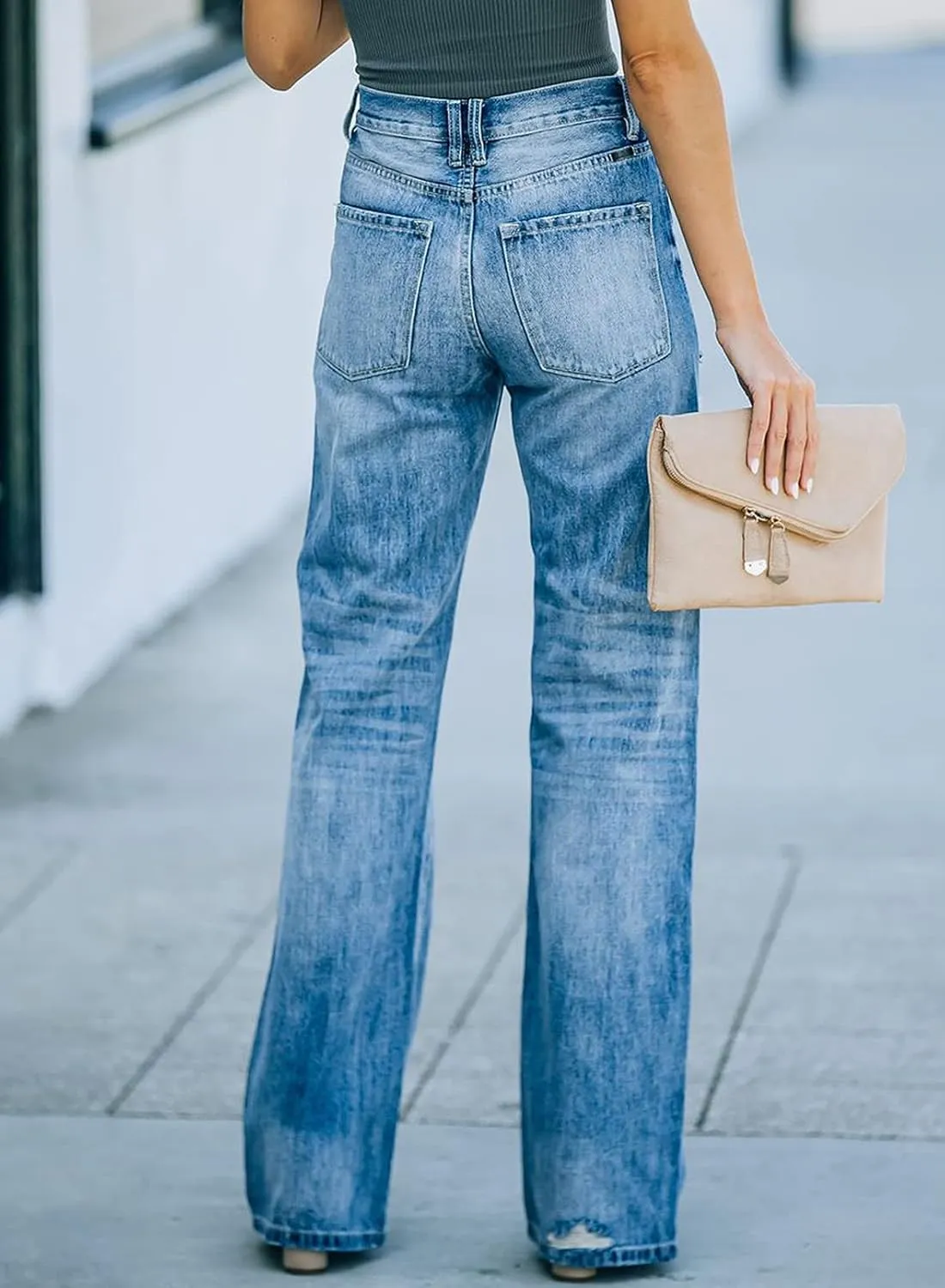 Sidefeel Women's Ripped High Waisted Flared Jeans Wide Leg Destroyed Denim Pants