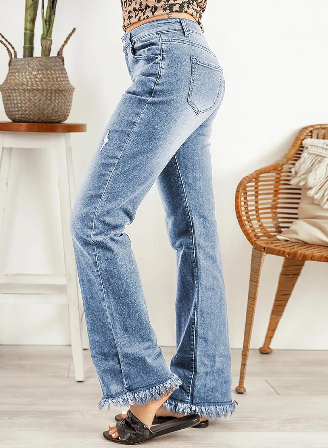 Sidefeel Women's Ripped High Waisted Flared Jeans Wide Leg Destroyed Denim Pants