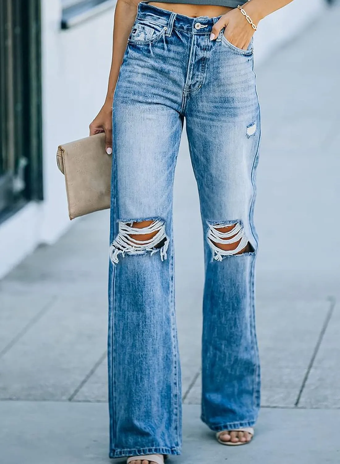 Sidefeel Women's Ripped High Waisted Flared Jeans Wide Leg Destroyed Denim Pants