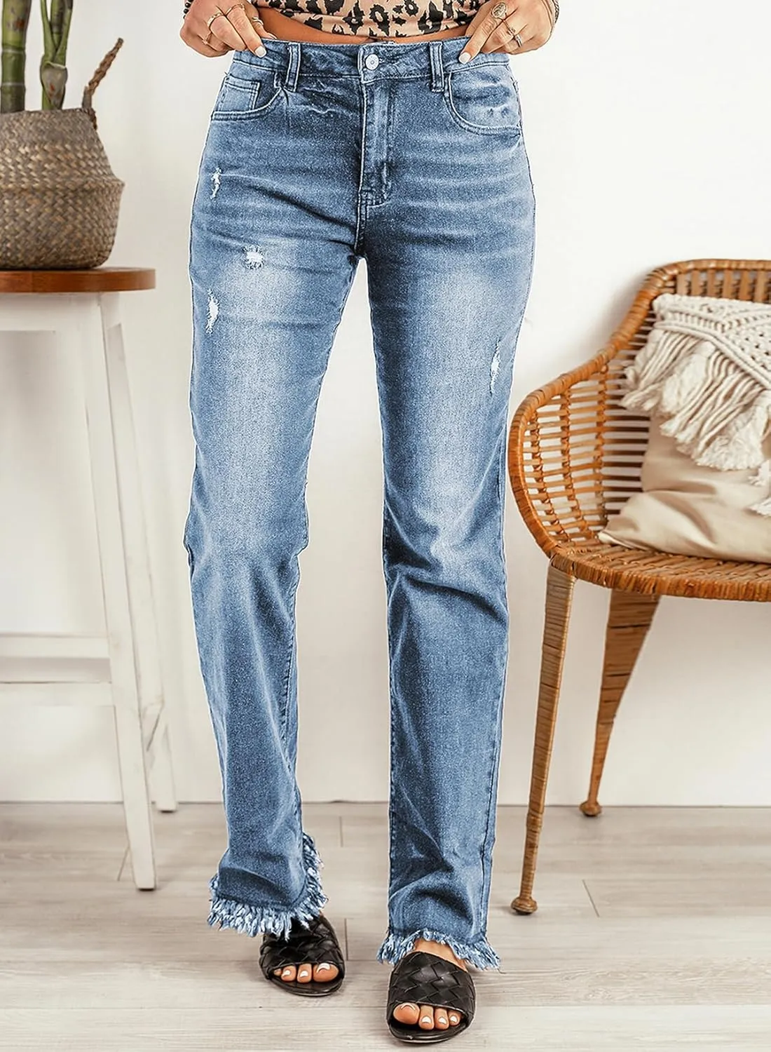 Sidefeel Women's Ripped High Waisted Flared Jeans Wide Leg Destroyed Denim Pants