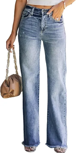 Sidefeel Women's Ripped High Waisted Flared Jeans Wide Leg Destroyed Denim Pants
