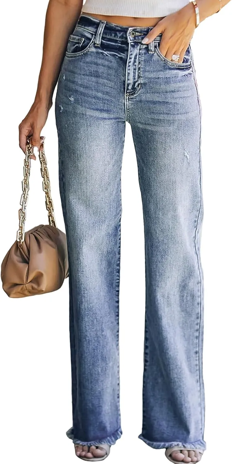 Sidefeel Women's Ripped High Waisted Flared Jeans Wide Leg Destroyed Denim Pants