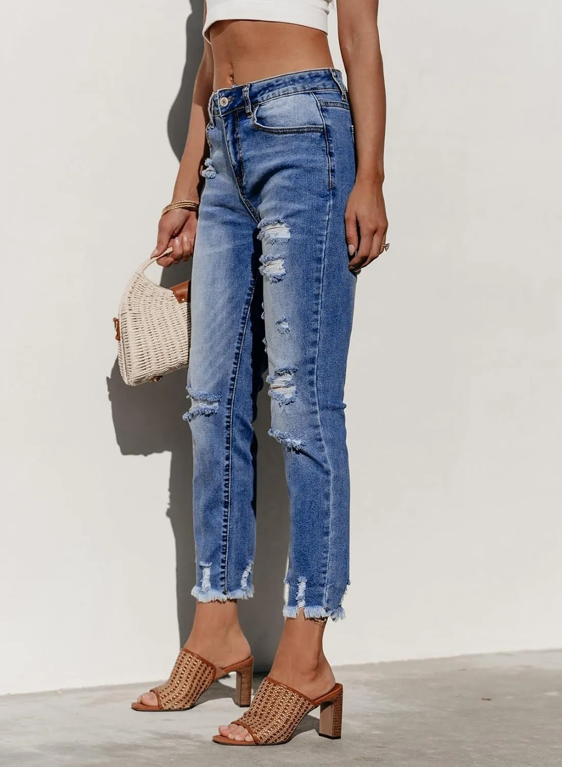 Sidefeel Women's Ripped Jeans Straight Leg Distressed Boyfriend Denim Pants
