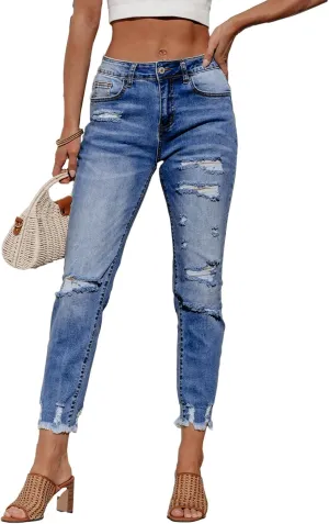 Sidefeel Women's Ripped Jeans Straight Leg Distressed Boyfriend Denim Pants