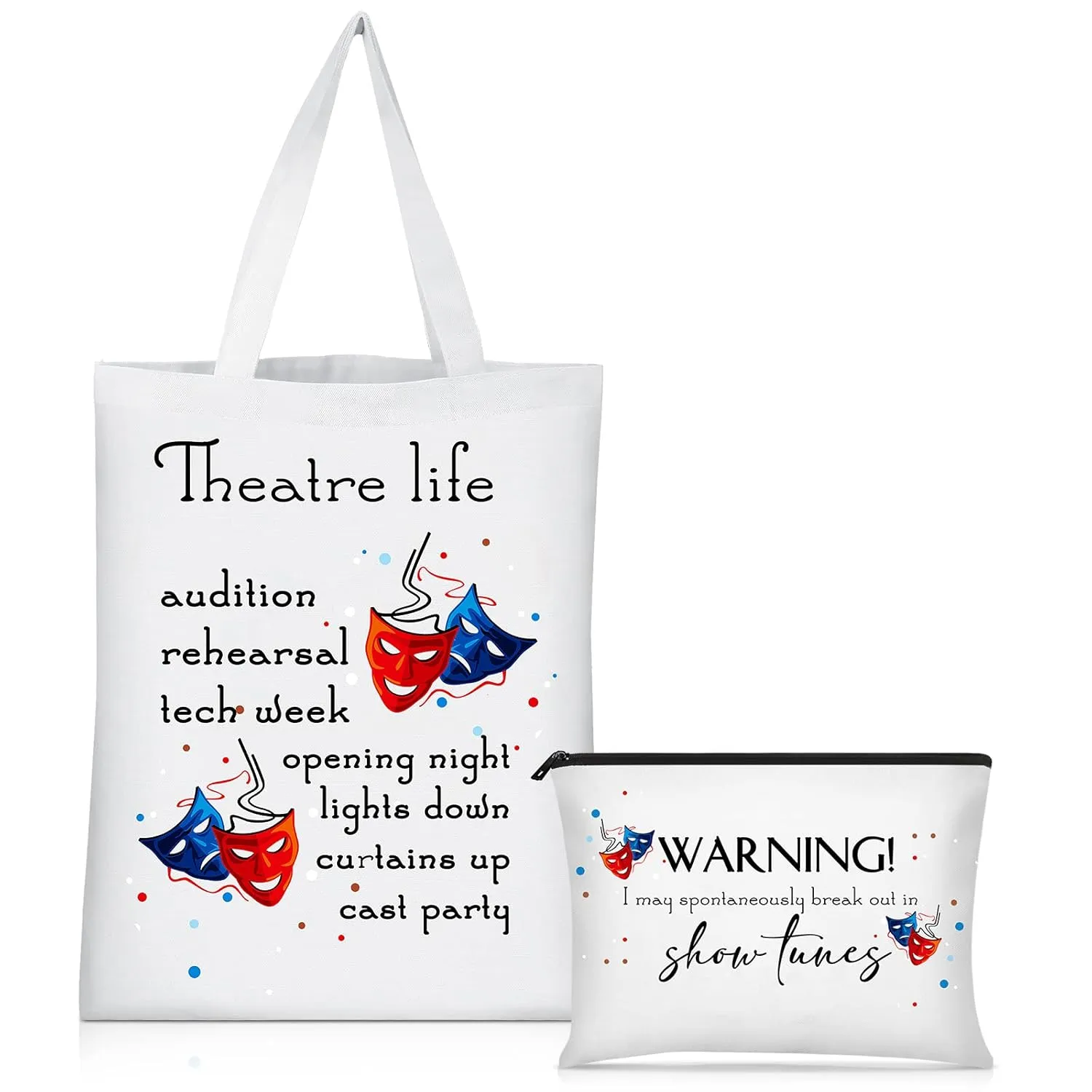 Sieral 2 Pieces Graduation Theater Gift Musical Theater Life Show Canvas Tote Bag Cosmetic Reusable Comedy Tragedy Mask Makeup Bag Pouch Drama Mothers day Gifts for Women Actress Teacher