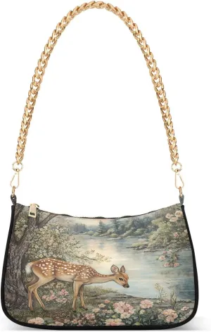 Sika Deer Vintage Shoulder Handbags for Women Travel Hobo Tote Handbag Women Gold Chain Shoulder Bags Purse with Zipper Closure