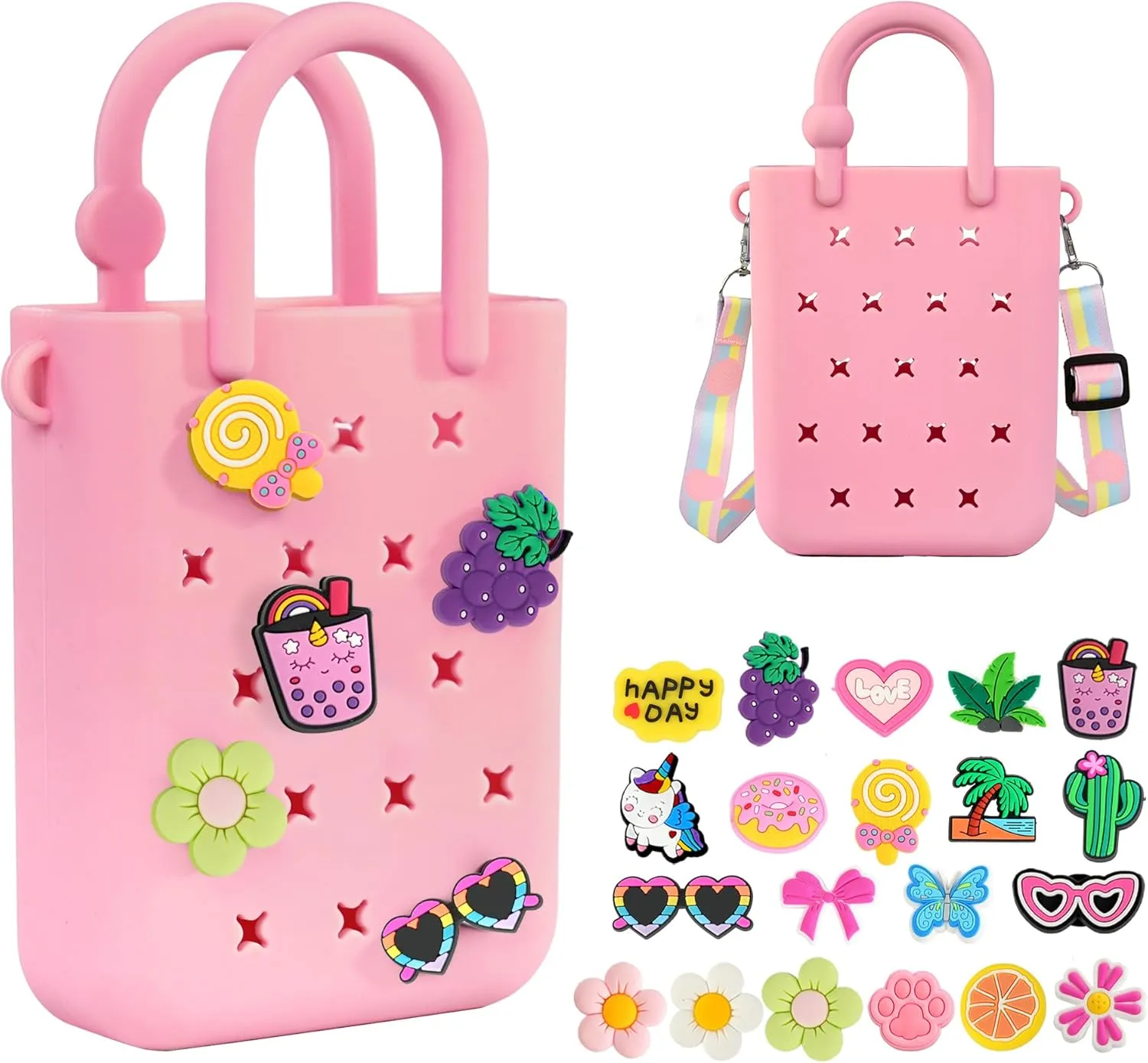 Silicone Small Rubber Beach Bag with 20 Charms, Hole Handbag With Adjustable Shoulder Strap, Mini Tote Bags for Little Girls and Woman