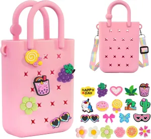 Silicone Small Rubber Beach Bag with 20 Charms, Hole Handbag With Adjustable Shoulder Strap, Mini Tote Bags for Little Girls and Woman