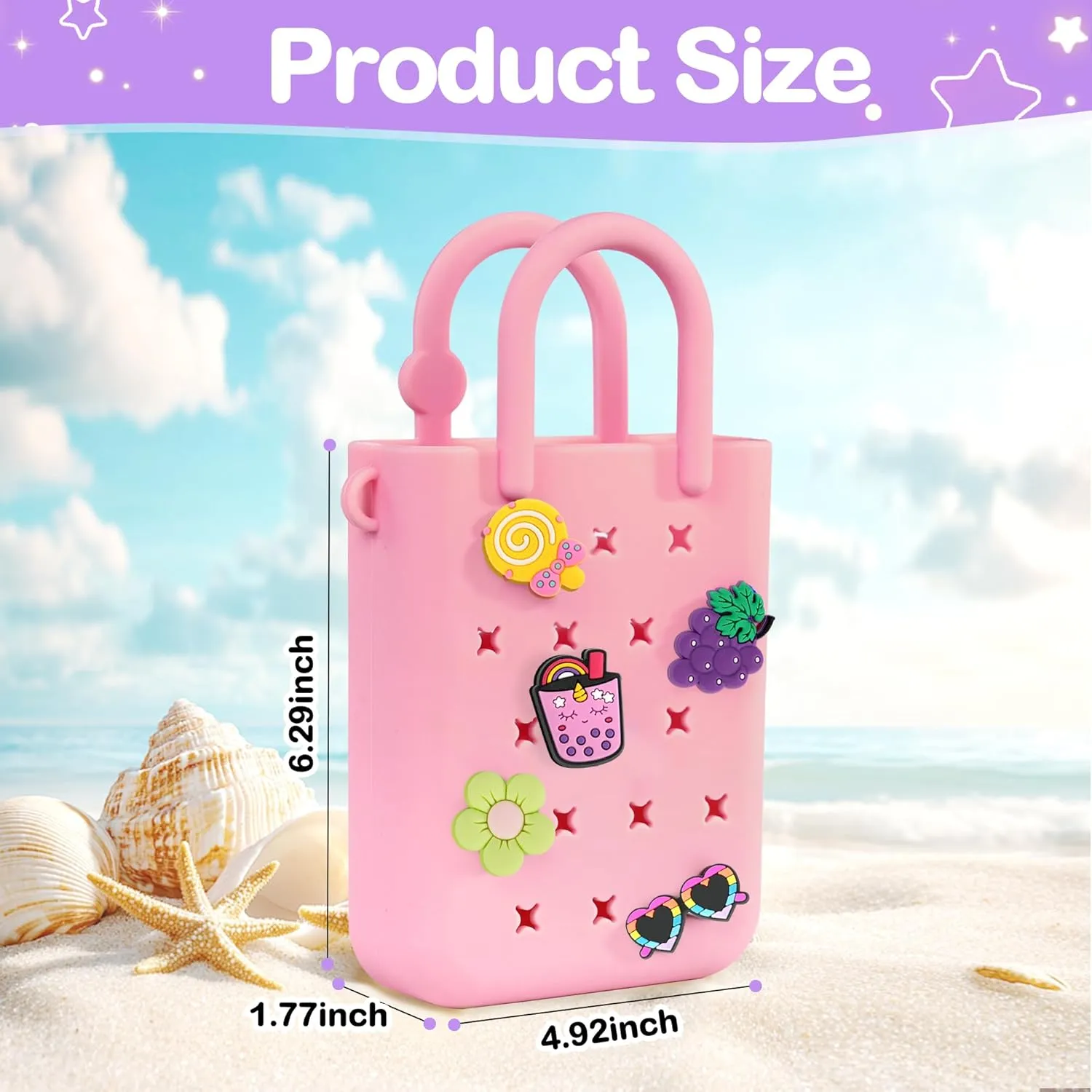 Silicone Small Rubber Beach Bag with 20 Charms, Hole Handbag With Adjustable Shoulder Strap, Mini Tote Bags for Little Girls and Woman