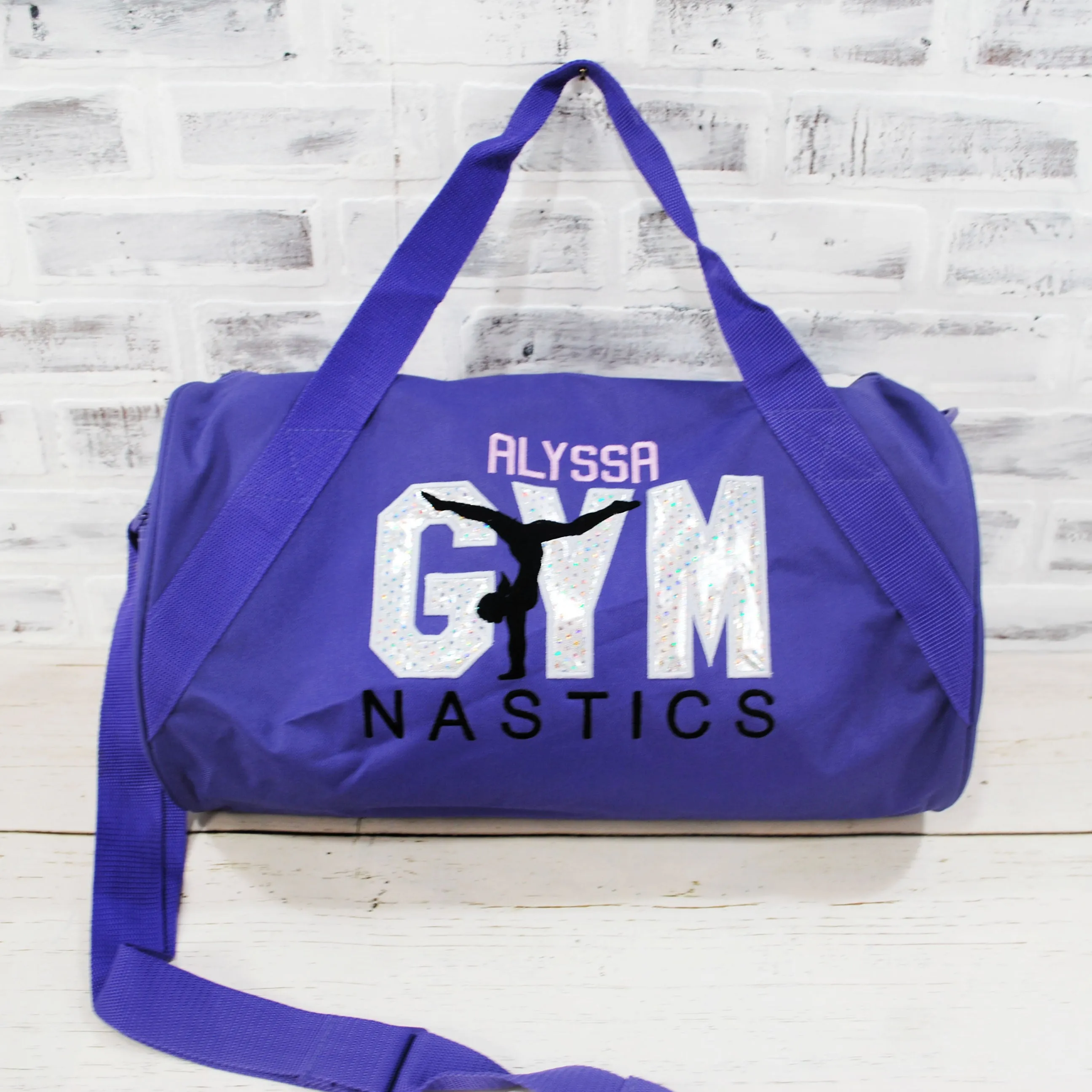 Silver Shimmer Personalized Gymnastics Duffle or Tote Bag - Custom Bag Color