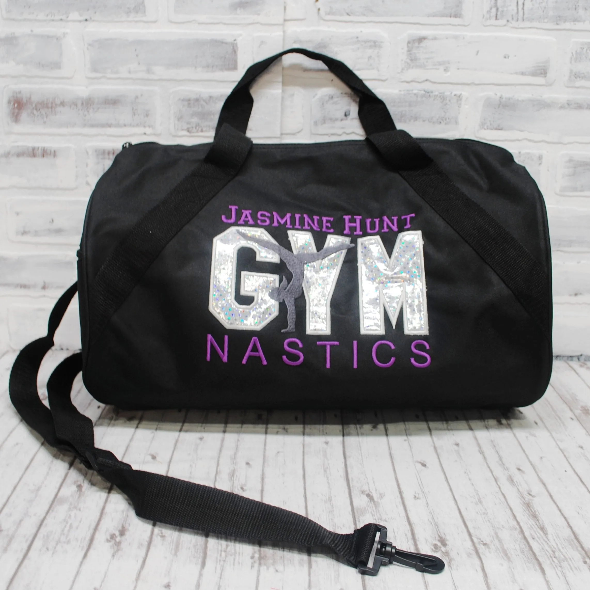 Silver Shimmer Personalized Gymnastics Duffle or Tote Bag - Custom Bag Color