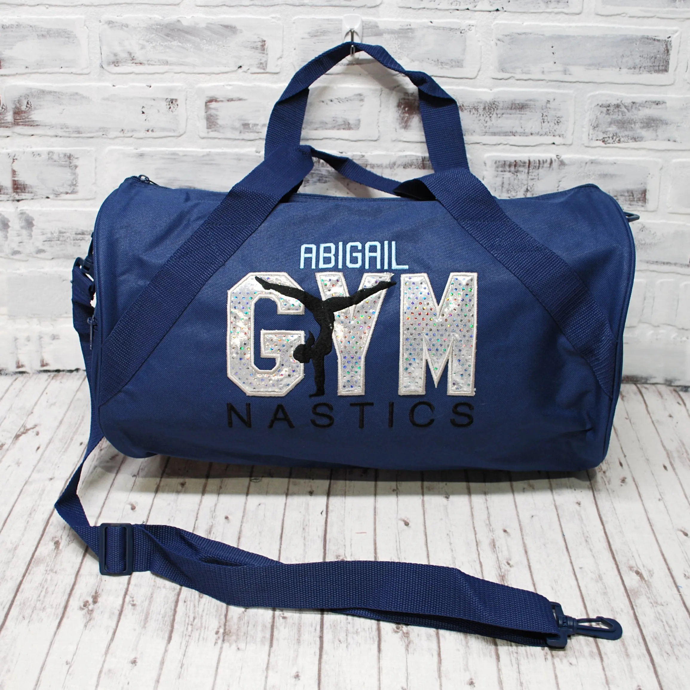 Silver Shimmer Personalized Gymnastics Duffle or Tote Bag - Custom Bag Color