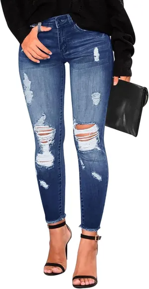 Skinny Jeans for Women Stretchy High Waisted Ripped Jeans Tummy Control Distressed Denim Leggings with Pockets