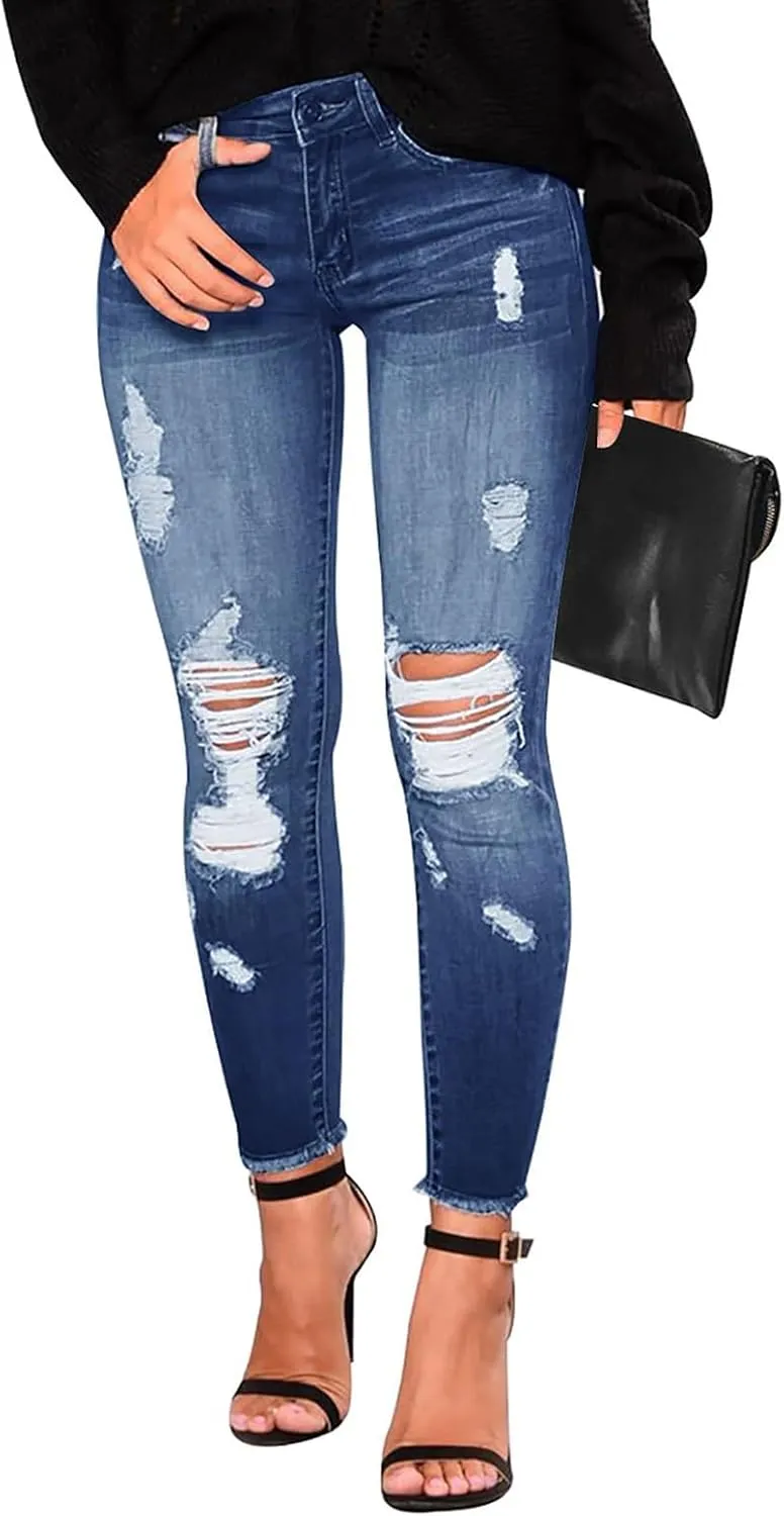 Skinny Jeans for Women Stretchy High Waisted Ripped Jeans Tummy Control Distressed Denim Leggings with Pockets