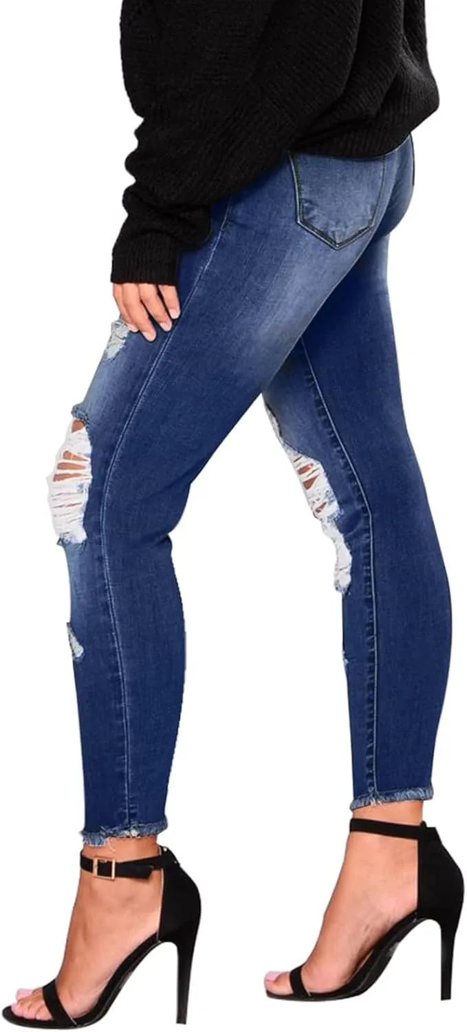 Skinny Jeans for Women Stretchy High Waisted Ripped Jeans Tummy Control Distressed Denim Leggings with Pockets
