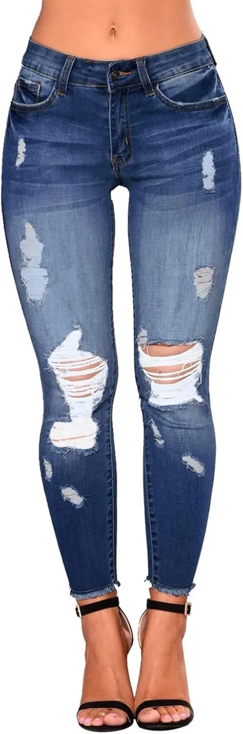 Skinny Jeans for Women Stretchy High Waisted Ripped Jeans Tummy Control Distressed Denim Leggings with Pockets