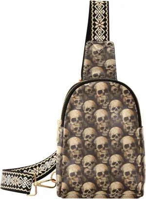 Skull Full-Print Leather Fashion Waist Pack Small Crossbody Bag with Card Slots & Adjustable Strap for Biking Shopping Hiking Running & Casual Outings