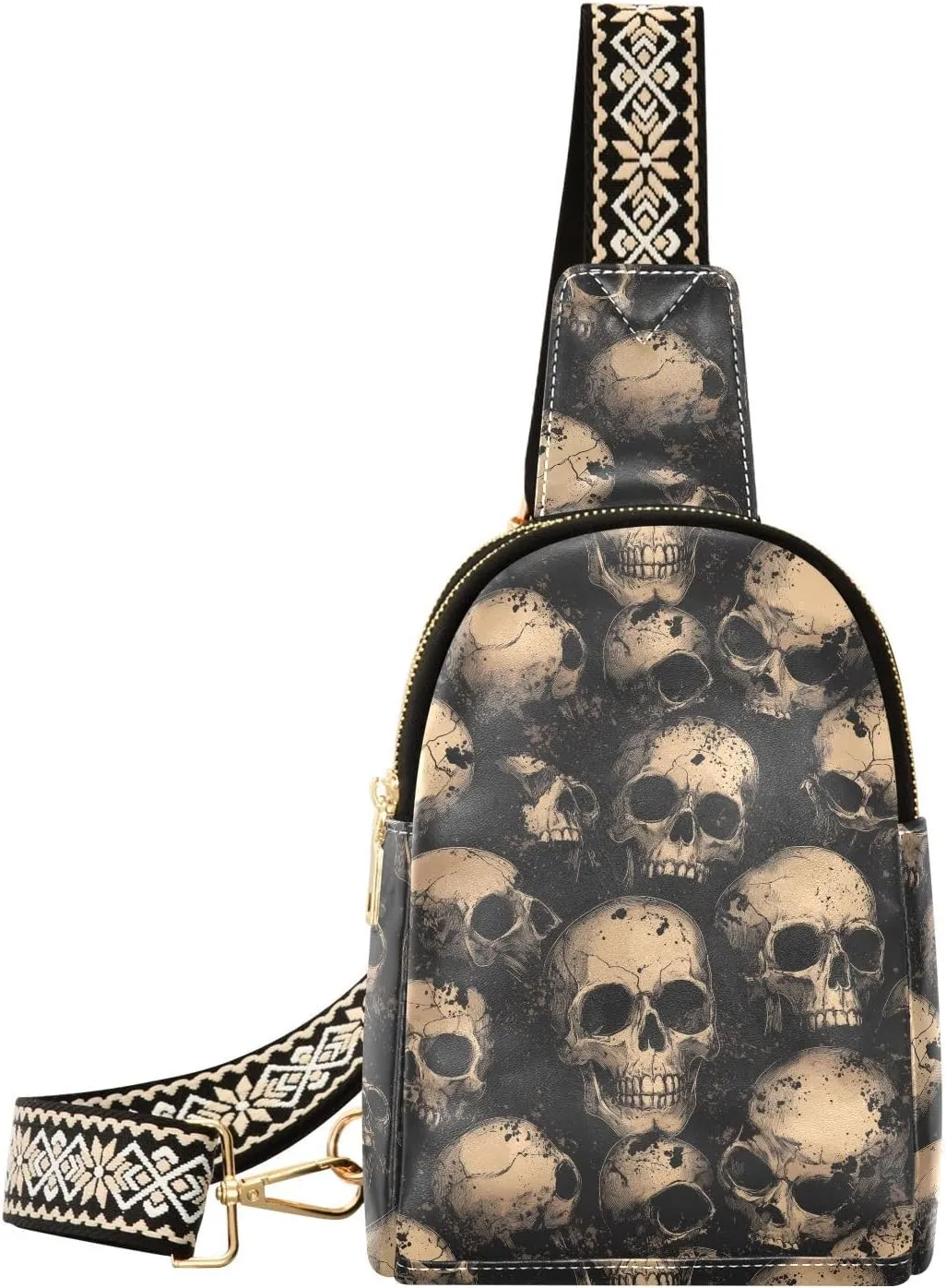 Skull Stylish PU Leather Waist Pack Soft Waterproof Crossbody Bag with Metal Hardware Fits Keys Phone Passport for Work Walks Music Fests & Trips