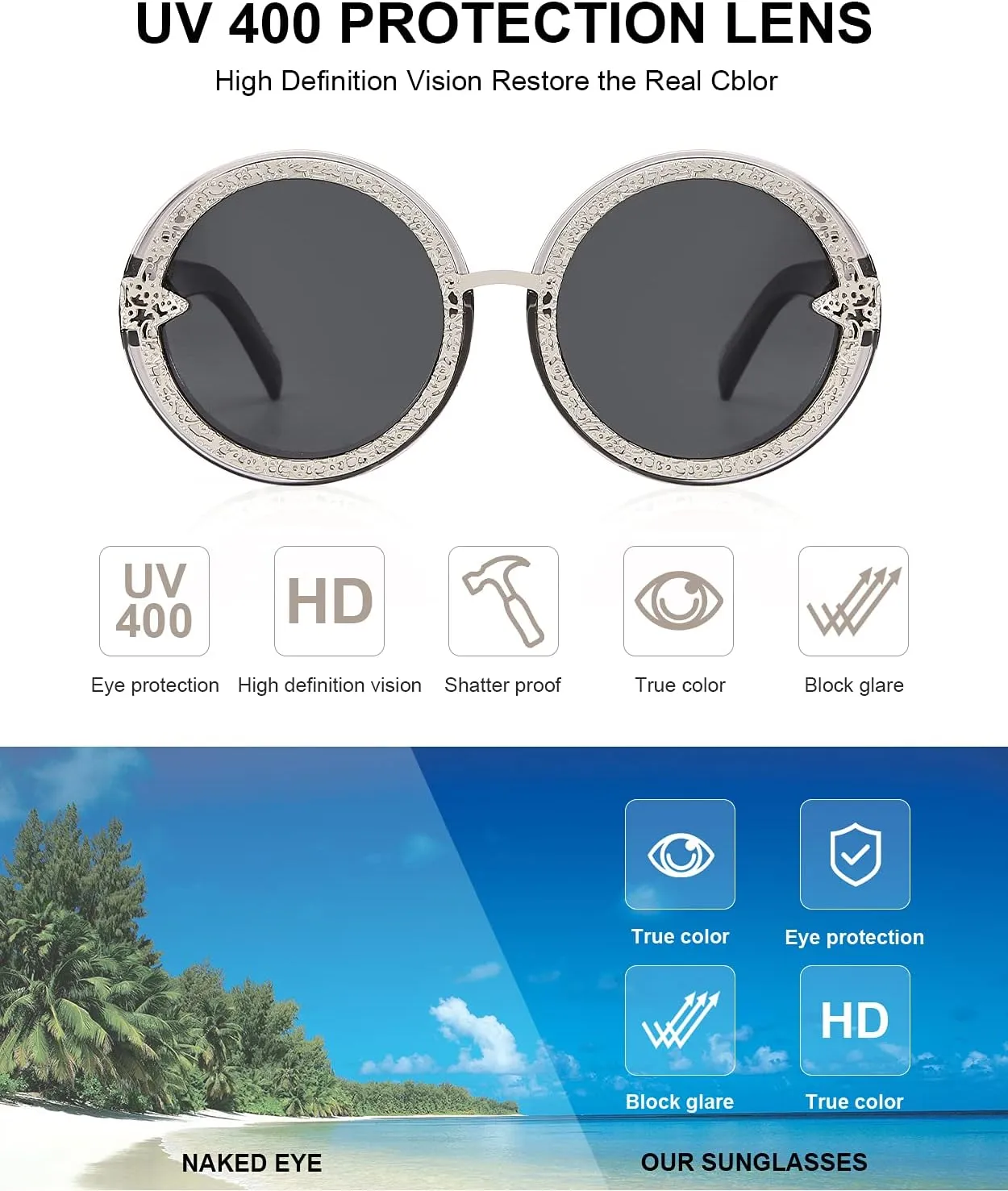 SKYWAY Retro Shining Oversized Round Sunglasses for Women Hippie Classic Style 400 Sun Protection