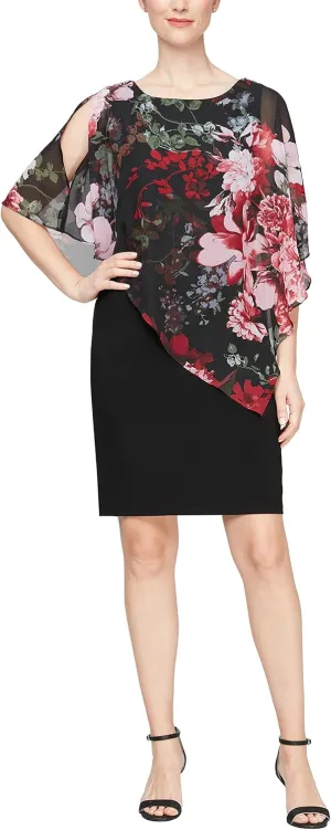 S.L. Fashions Women's Sleeveless Print Asymmetric Chiffon Overlay Dress