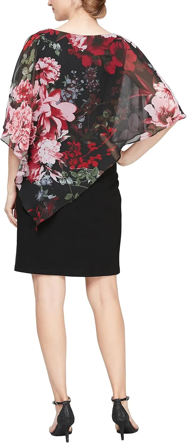S.L. Fashions Women's Sleeveless Print Asymmetric Chiffon Overlay Dress