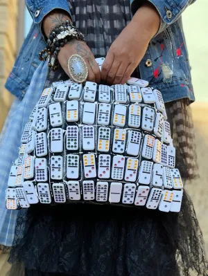 Slapping Dominoes Funky Grunge Stranger Things Denim Reworked Upcycled Puffy Bag