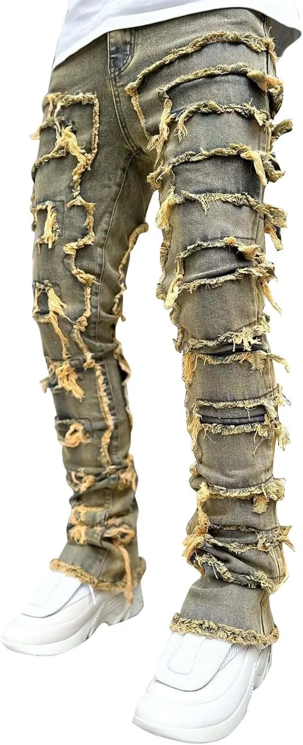 Slim Fit Jeans for Men Skinny Jeans Stretchy Distressed Ripped Stacked Jeans Fashion Designer Urban Denim Jeans Pants