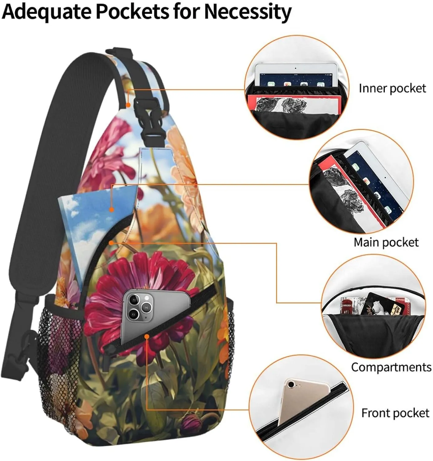 Sling Bag for Women Men Crossbody Bag Sling Backpack Colorful Spring Summer Flower Cross Body Bag Adjustable Chest Bag