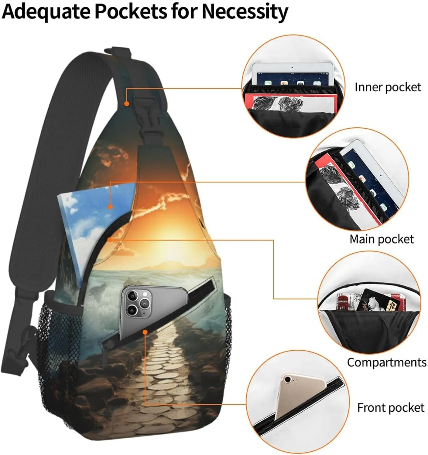 Sling Bag for Women Men Crossbody Bag Sling Backpack Divided Sea Pathway Cross Body Bag Adjustable Chest Bag