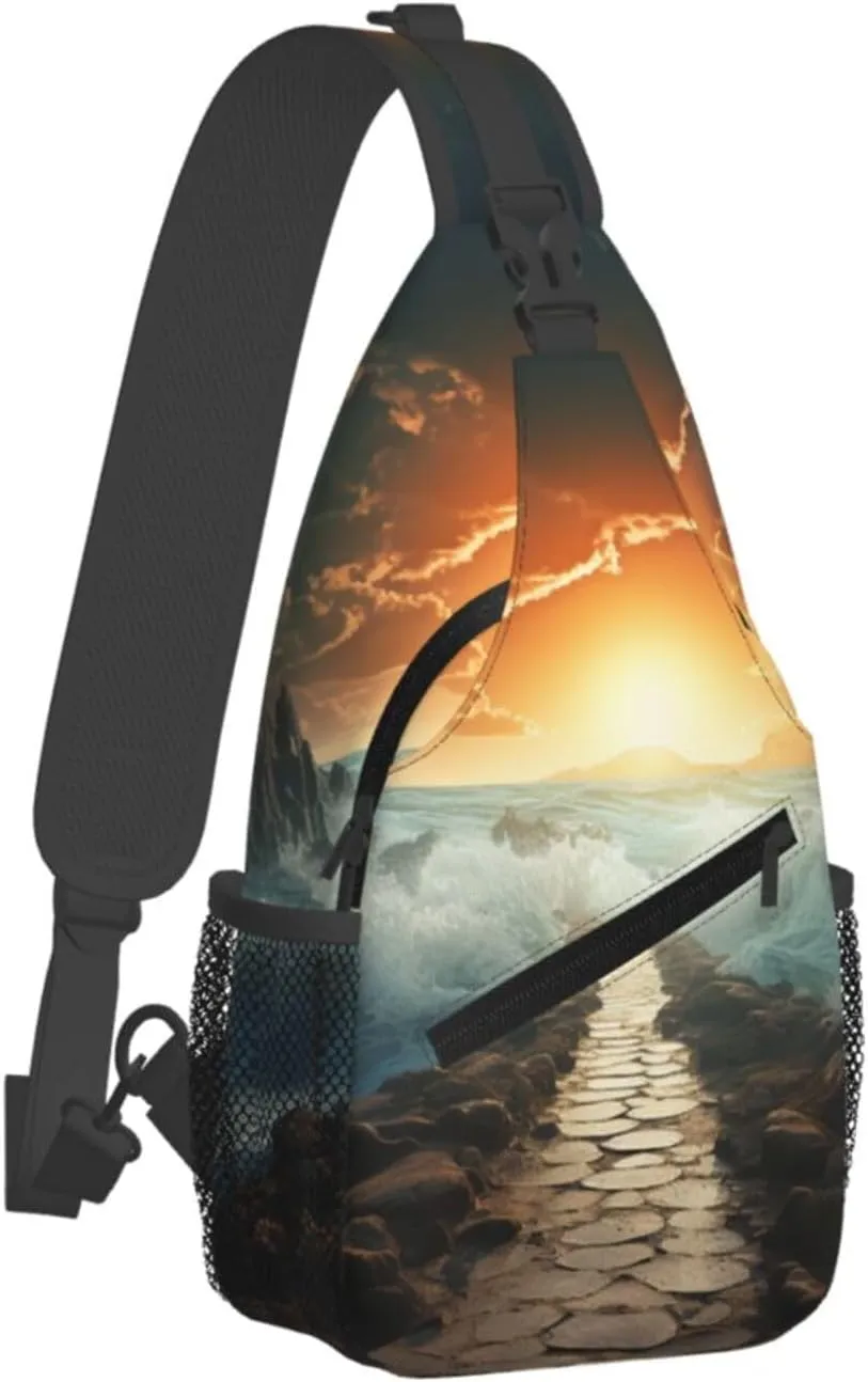 Sling Bag for Women Men Crossbody Bag Sling Backpack Divided Sea Pathway Cross Body Bag Adjustable Chest Bag