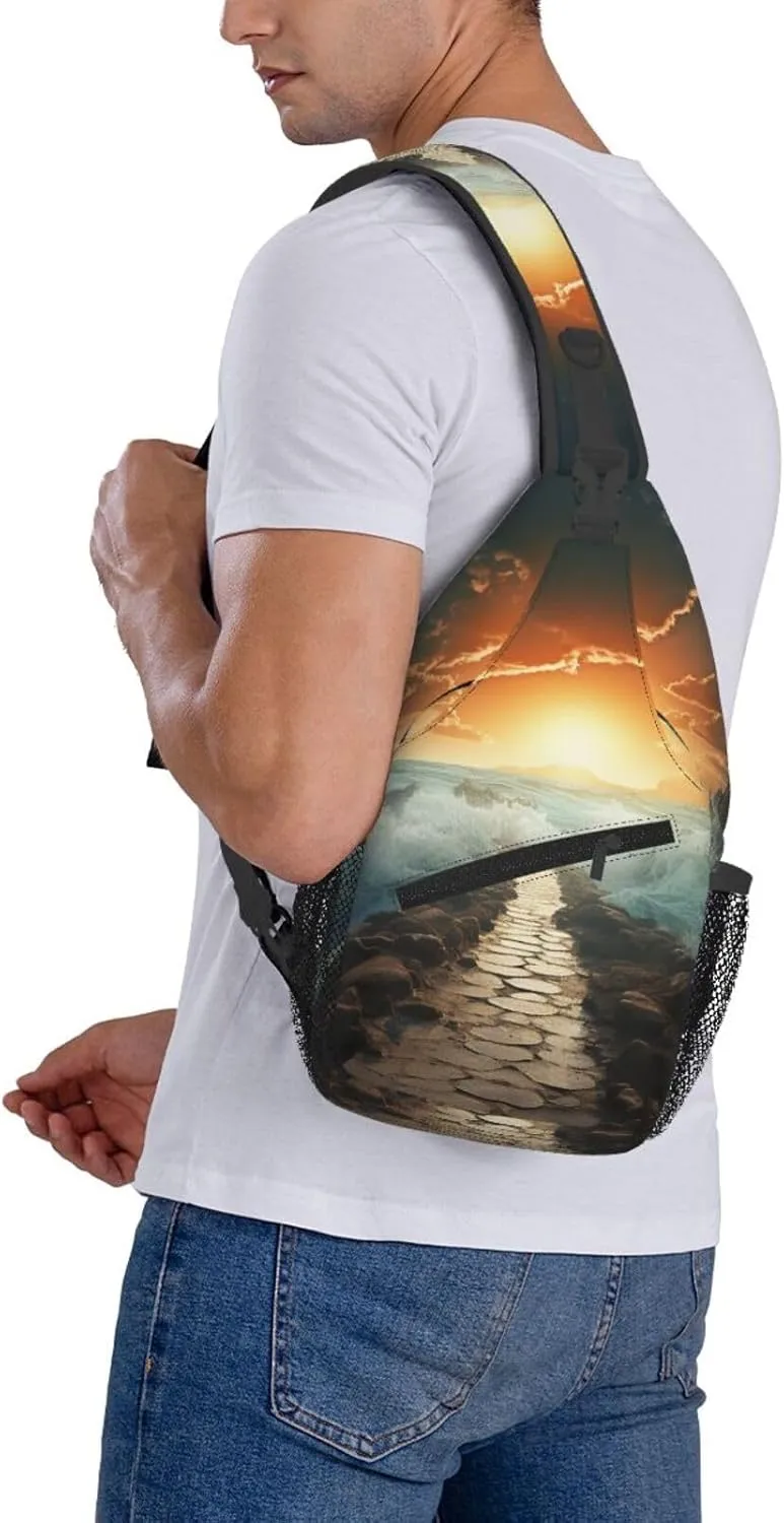 Sling Bag for Women Men Crossbody Bag Sling Backpack Divided Sea Pathway Cross Body Bag Adjustable Chest Bag