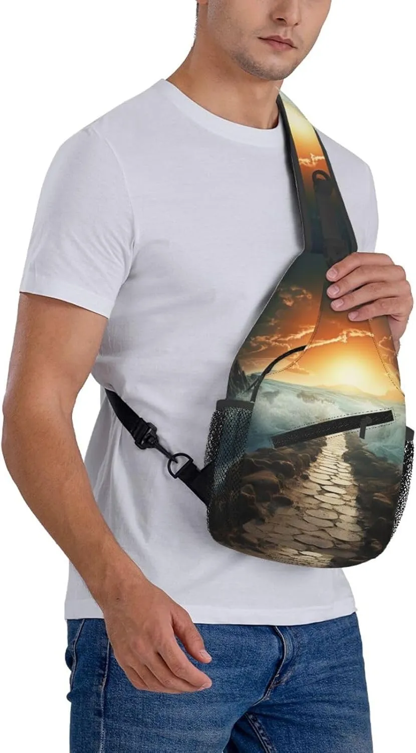 Sling Bag for Women Men Crossbody Bag Sling Backpack Divided Sea Pathway Cross Body Bag Adjustable Chest Bag