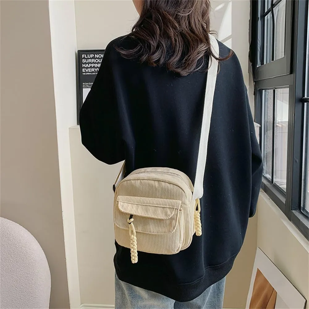 Small Corduroy Crossbody Bag Multi Pockets Hobo Satchel Handbag Mini Casual Corduroy Shoulder Mobile Phone Purse (Beige)