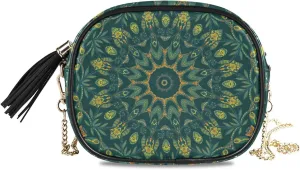 Small Crossbody Bag Oriental Vintage Green Mandala Womens Shoulder Chain Bag PU Leather Small Purse With Tassel