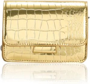 Small Crossbody Purse Bag for Women,Mini Cute Metallic Croc-Embossed Handbag with Chain Strap