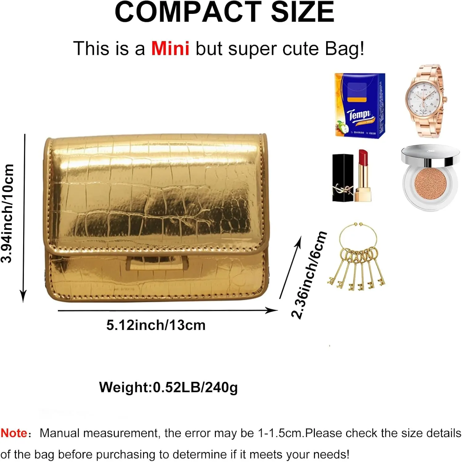 Small Crossbody Purse Bag for Women,Mini Cute Metallic Croc-Embossed Handbag with Chain Strap