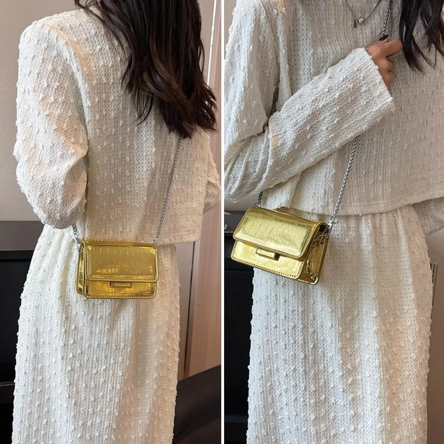 Small Crossbody Purse Bag for Women,Mini Cute Metallic Croc-Embossed Handbag with Chain Strap