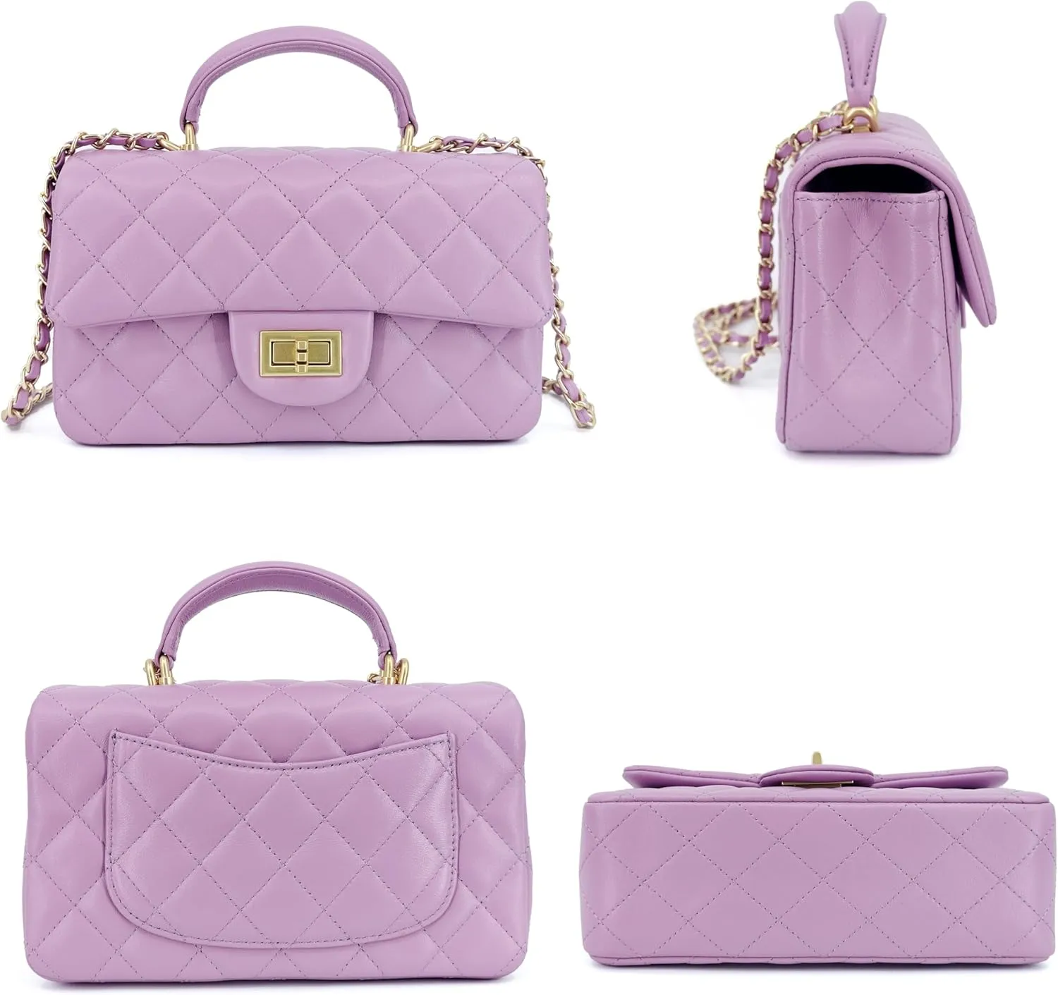 Small Quilted Crossbody Bags for Women, Genuine Leather Shoulder Bag w/Gold Chain Strap, Soft Mini Top Handle Flap Purse