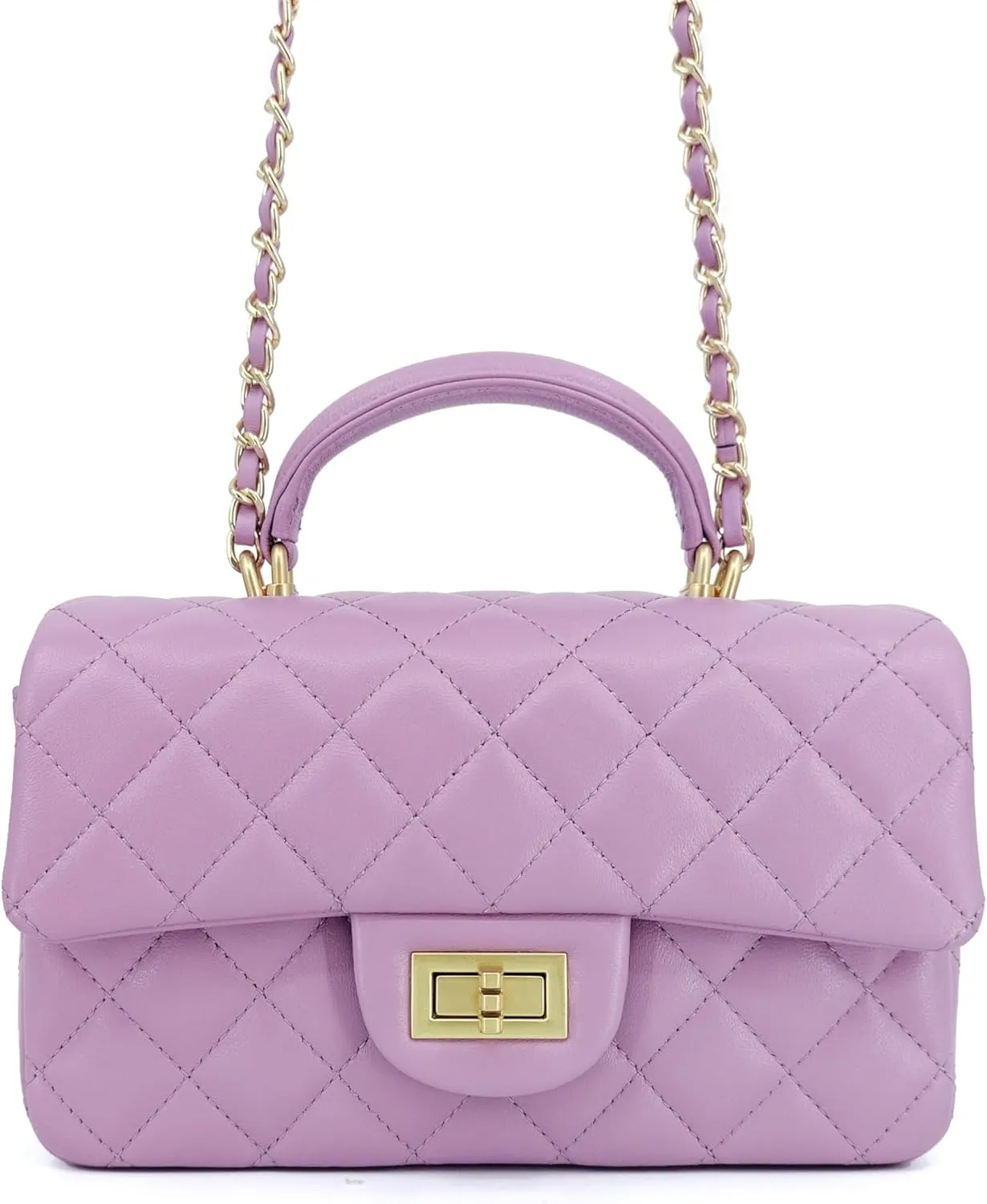 Small Quilted Crossbody Bags for Women, Genuine Leather Shoulder Bag w/Gold Chain Strap, Soft Mini Top Handle Flap Purse