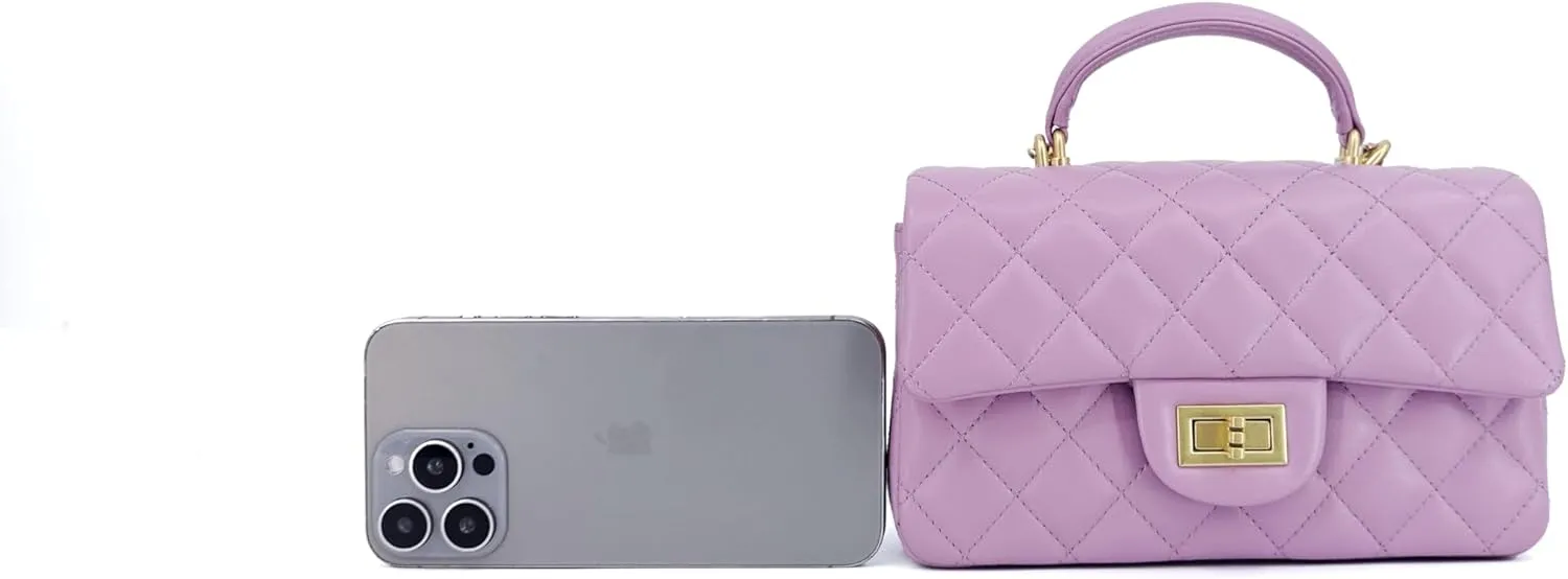 Small Quilted Crossbody Bags for Women, Genuine Leather Shoulder Bag w/Gold Chain Strap, Soft Mini Top Handle Flap Purse
