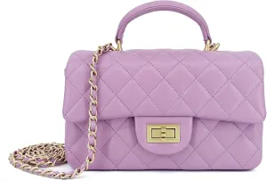 Small Quilted Crossbody Bags for Women, Genuine Leather Shoulder Bag w/Gold Chain Strap, Soft Mini Top Handle Flap Purse