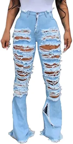 SMIDOW Women's Floor Length Raw Hem Ripped Jeans High Waisted Distressed Jeans Curvy Slim Fit Flare Bell Bottom Jeans
