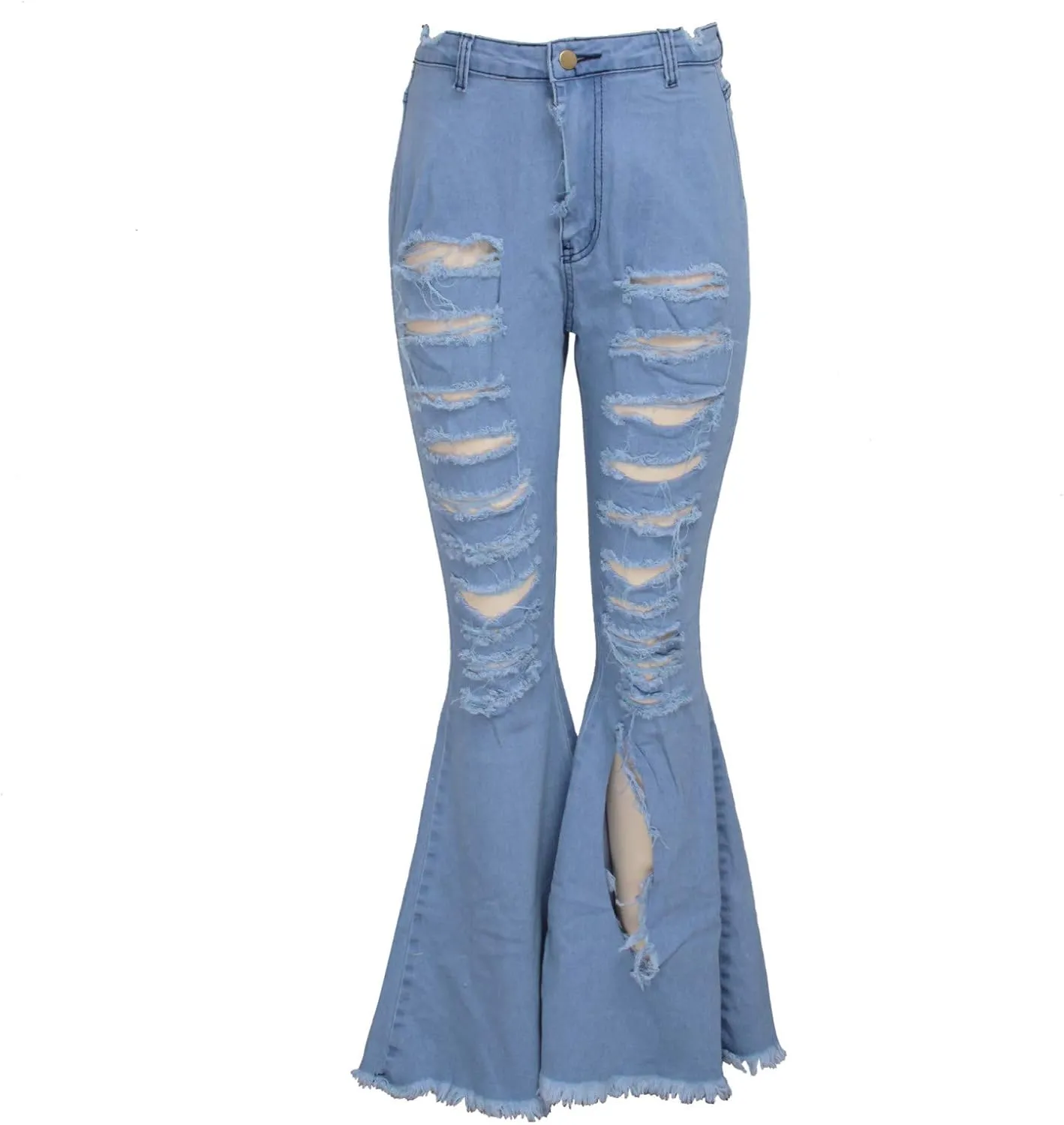SMIDOW Women's Floor Length Raw Hem Ripped Jeans High Waisted Distressed Jeans Curvy Slim Fit Flare Bell Bottom Jeans