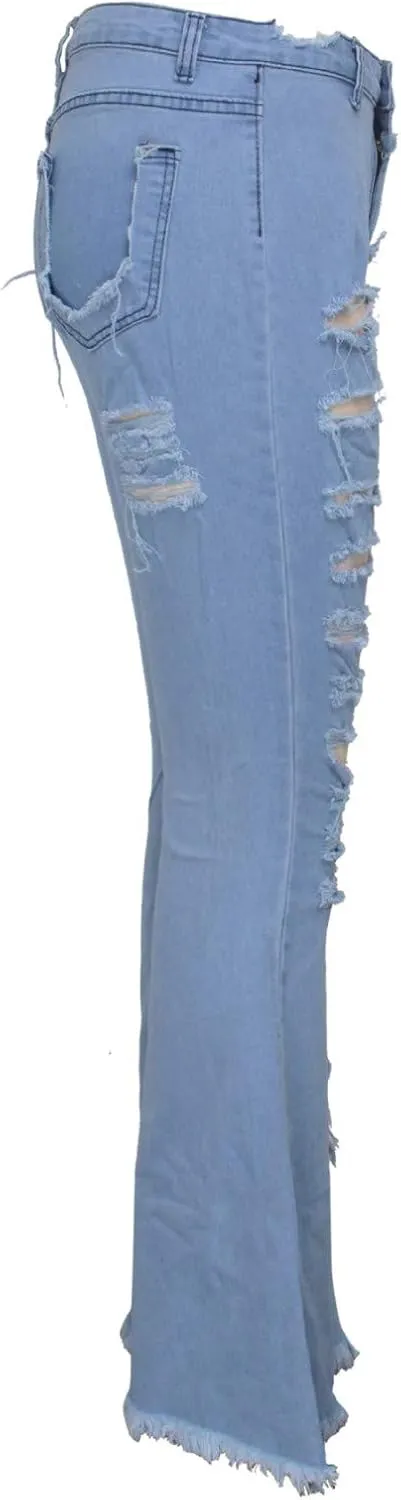 SMIDOW Women's Floor Length Raw Hem Ripped Jeans High Waisted Distressed Jeans Curvy Slim Fit Flare Bell Bottom Jeans